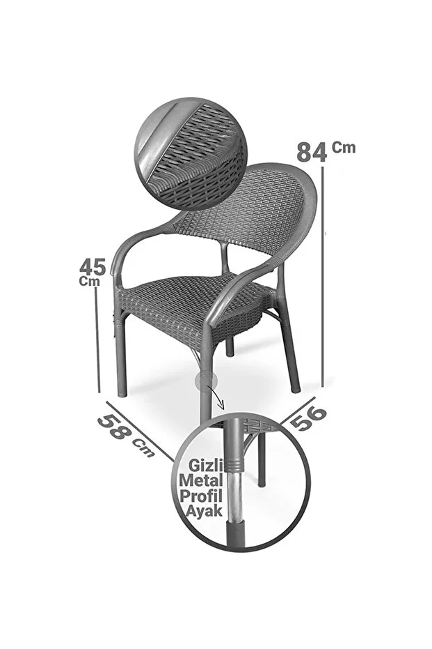 Bambu Rattan Kollu Koltuk 4 Adet Gri